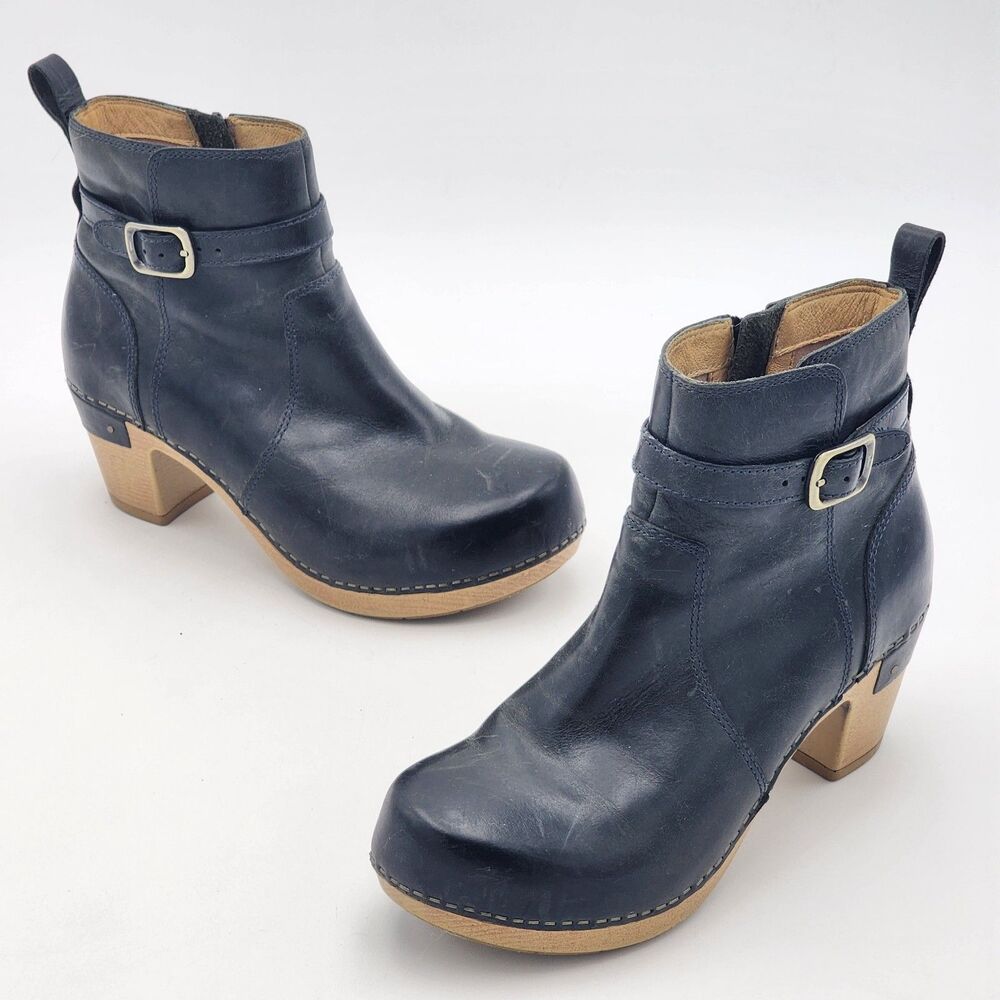 Dansko Anya Buckle Leather Heeled Ankle Boots Comfort Shoes Black Size 36 EU